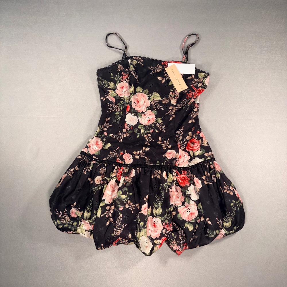 Evolutionary Black Floral Balloon Skirt Mini Dress Lace Eyelet 11308FHUC Medium